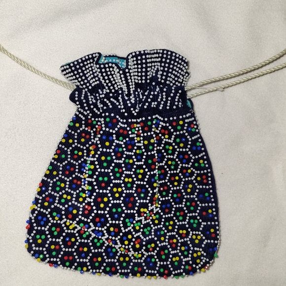 Reversible Drawstring Black or Sky Blue Beaded Pouch Purse Bag 8.5" x 9.5" - Picture 6 of 11